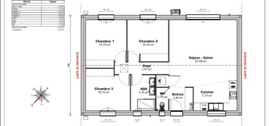 Plan de maison Surface terrain 80 m2 - 4 pièces - 3  chambres -  sans garage 