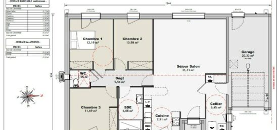 Plan de maison Surface terrain 90 m2 - 5 pièces - 3  chambres -  avec garage 