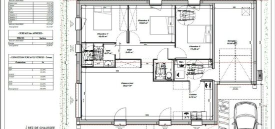 Plan de maison Surface terrain 80 m2 - 5 pièces - 3  chambres -  avec garage 