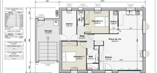 Plan de maison Surface terrain 80 m2 - 4 pièces - 2  chambres -  avec garage 