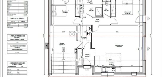 Plan de maison Surface terrain 80 m2 - 3 pièces - 2  chambres -  avec garage 