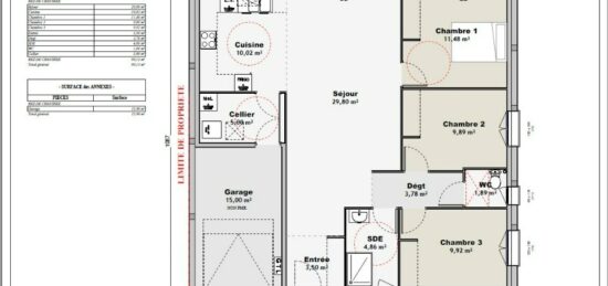 Plan de maison Surface terrain 90 m2 - 4 pièces - 3  chambres -  avec garage 