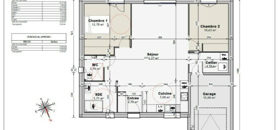 Plan de maison Surface terrain 70 m2 - 3 pièces - 2  chambres -  avec garage 