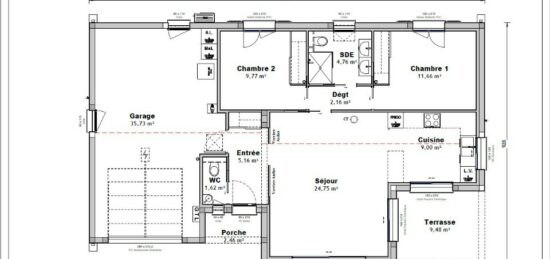 Plan de maison Surface terrain 60 m2 - 3 pièces - 2  chambres -  avec garage 