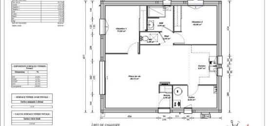 Plan de maison Surface terrain 60 m2 - 3 pièces - 2  chambres -  sans garage 