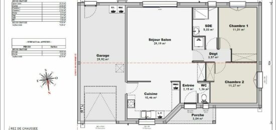 Plan de maison Surface terrain 70 m2 - 4 pièces - 2  chambres -  avec garage 