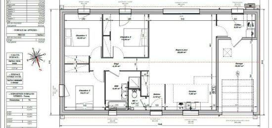 Plan de maison Surface terrain 80 m2 - 4 pièces - 3  chambres -  avec garage 