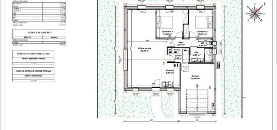 Plan de maison Surface terrain 70 m2 - 3 pièces - 2  chambres -  avec garage 