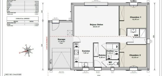 Plan de maison Surface terrain 70 m2 - 3 pièces - 2  chambres -  avec garage 