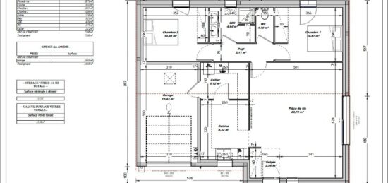 Plan de maison Surface terrain 70 m2 - 3 pièces - 2  chambres -  avec garage 