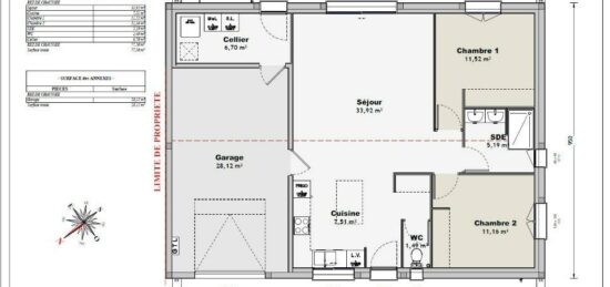 Plan de maison Surface terrain 70 m2 - 3 pièces - 2  chambres -  avec garage 