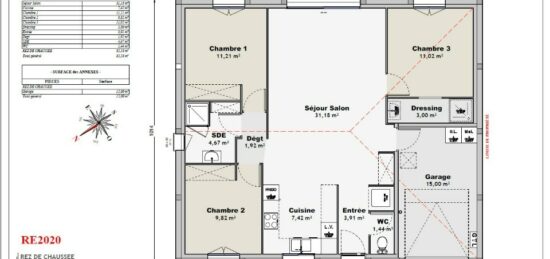 Plan de maison Surface terrain 80 m2 - 4 pièces - 3  chambres -  avec garage 