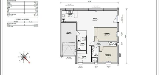 Plan de maison Surface terrain 80 m2 - 3 pièces - 2  chambres -  avec garage 