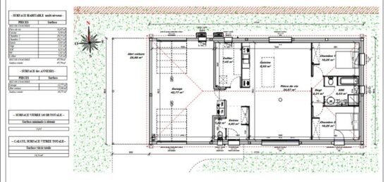 Plan de maison Surface terrain 80 m2 - 3 pièces - 2  chambres -  avec garage 