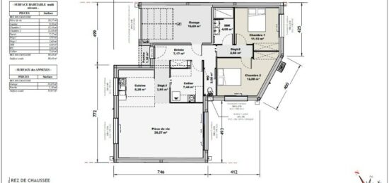 Plan de maison Surface terrain 80 m2 - 3 pièces - 2  chambres -  avec garage 