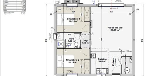 Plan de maison Surface terrain 60 m2 - 3 pièces - 2  chambres -  sans garage 