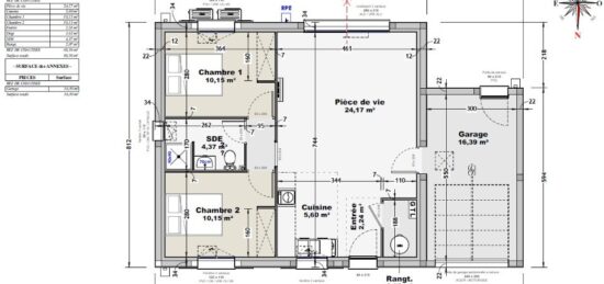 Plan de maison Surface terrain 60 m2 - 3 pièces - 2  chambres -  avec garage 