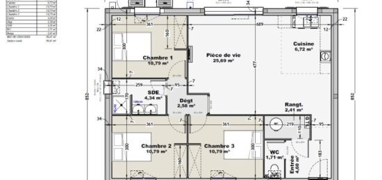 Plan de maison Surface terrain 80 m2 - 3 pièces - 3  chambres -  sans garage 