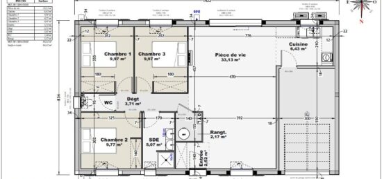 Plan de maison Surface terrain 84 m2 - 3 pièces - 3  chambres -  avec garage 