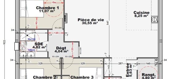 Plan de maison Surface terrain 90 m2 - 3 pièces - 3  chambres -  sans garage 