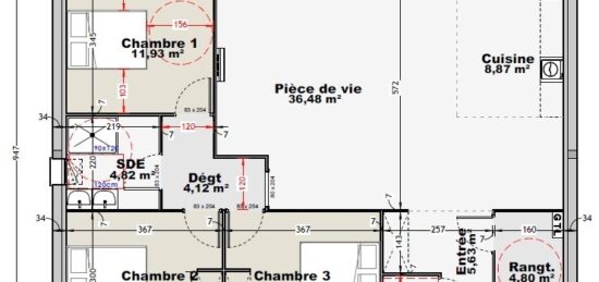 Plan de maison Surface terrain 100 m2 - 3 pièces - 3  chambres -  sans garage 